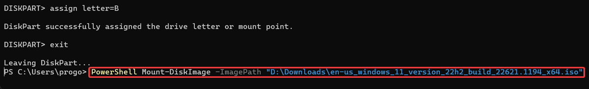 Mounting Windows 11 ISO file in Command Prompt.