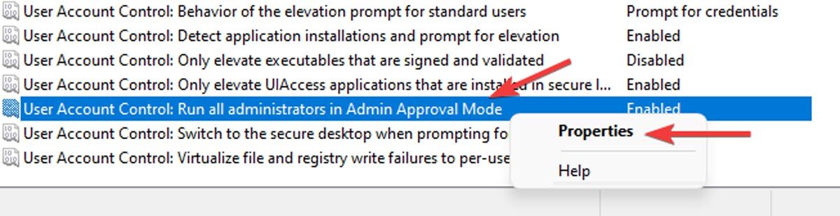 Clicking on "User Account Control: run all administrators in Admin Approval Mode."