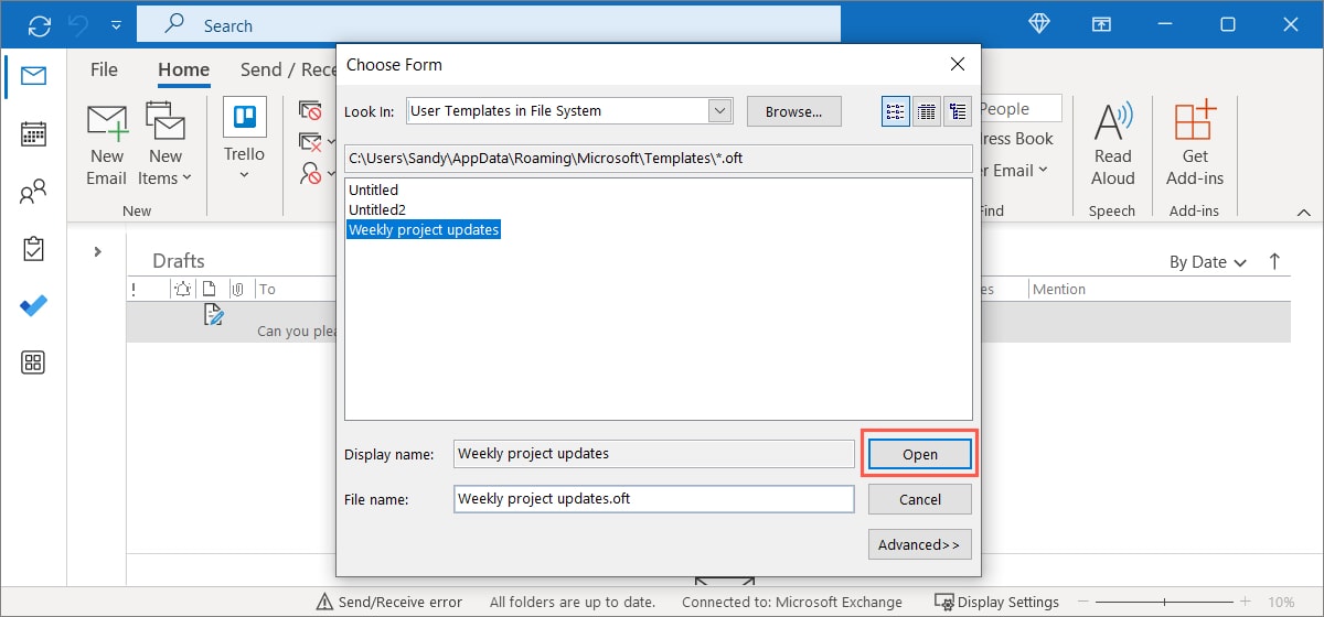 Template selected and Open button on Windows