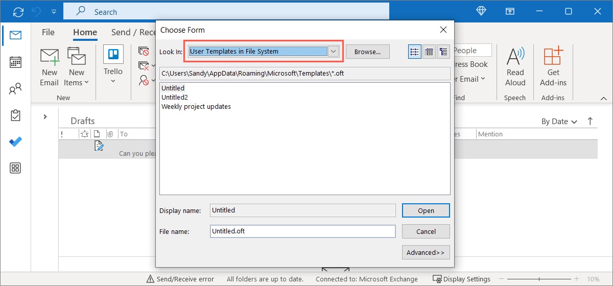 User Templates in the File System selected on Windows