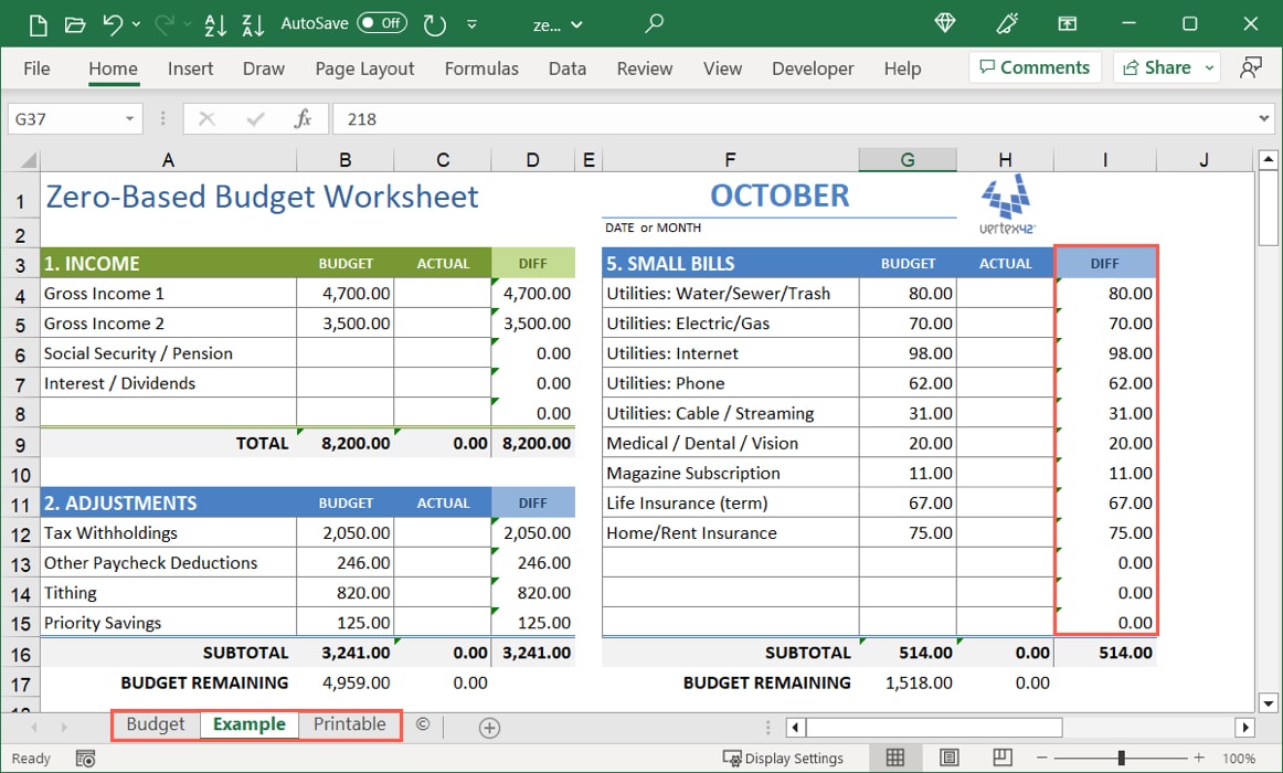Vertex42 template Difference column and additional Sheets