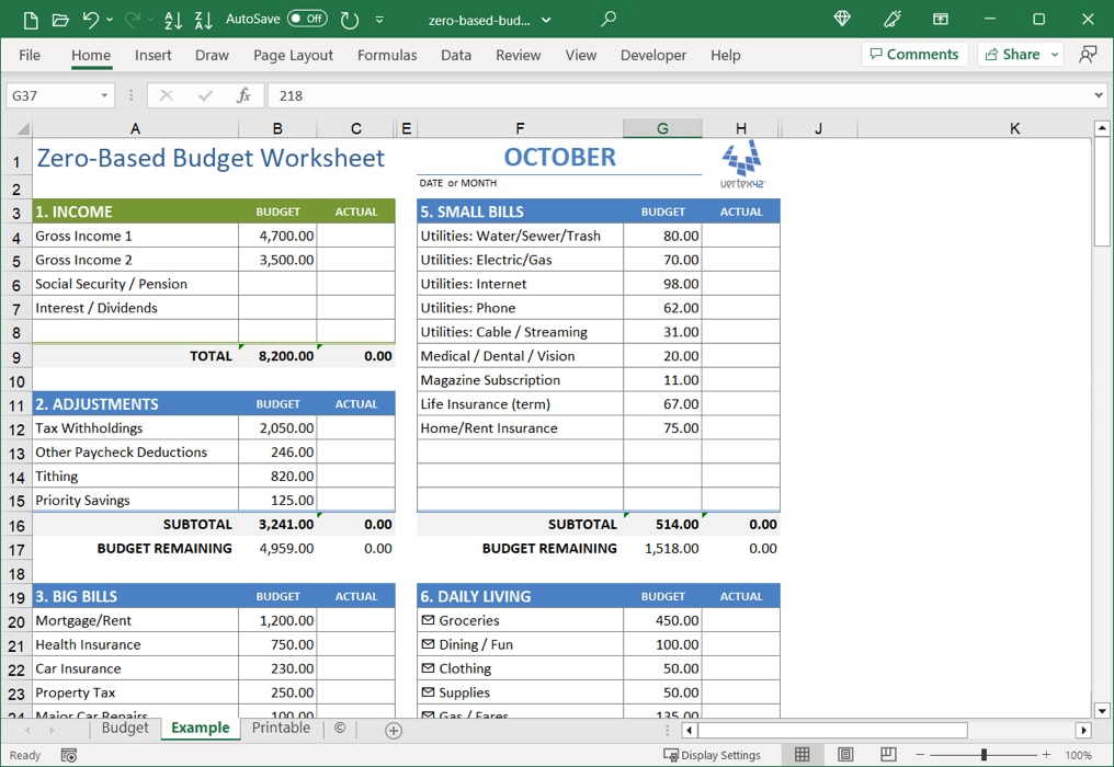 Vertex42 template sections