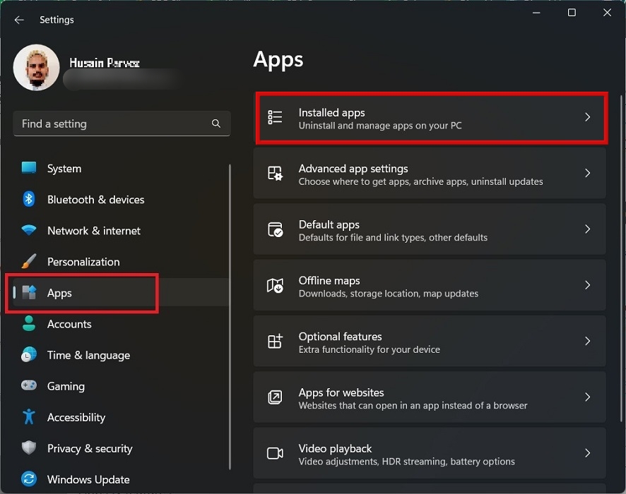 Accessing "Installed apps" list via Settings.