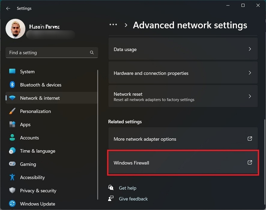Accessing "Windows Firewall" via 'Network & Internet."