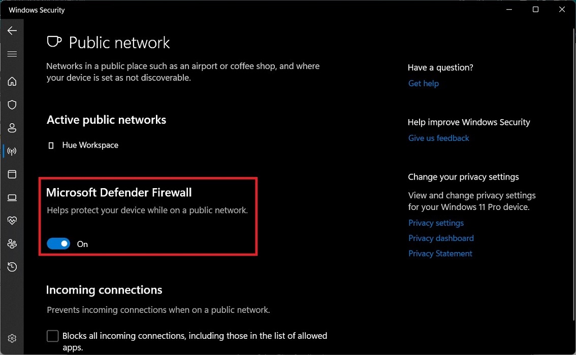 Disabling the "Microsoft Defender Firewall."