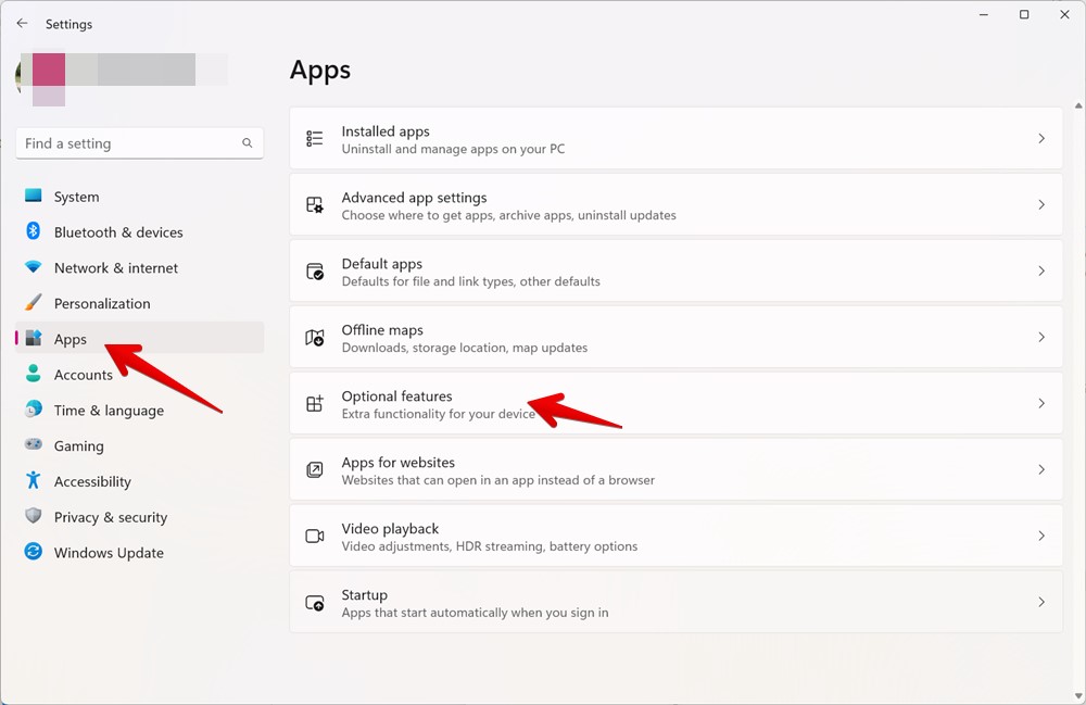Navigating to "Optional features" under Apps in Windows Settings. 