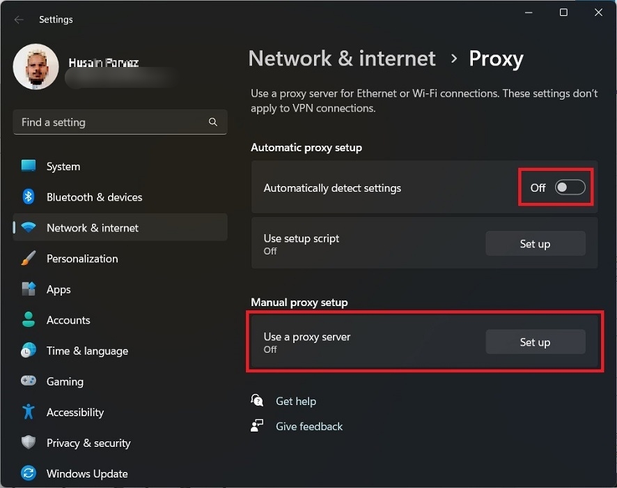 Disabling proxy options in Settings.