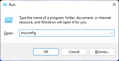 Typing "msconfig" in Run window.