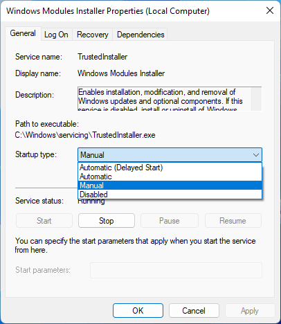 Setting "Startup type" to "Manual."
