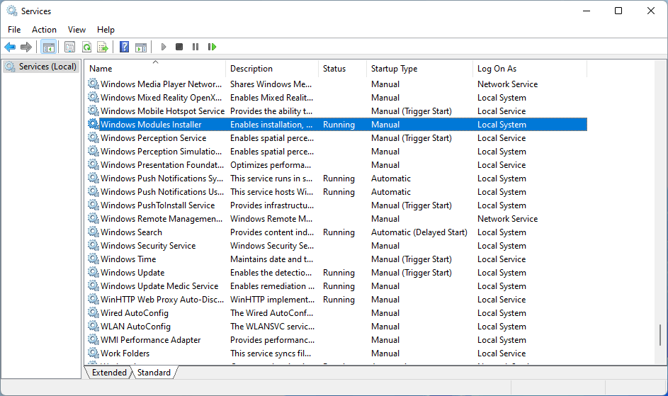 Windows Modules Installer in Services window.