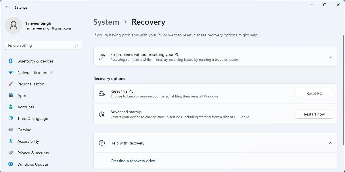 Clicking "Restart now" under "Advanced startup."