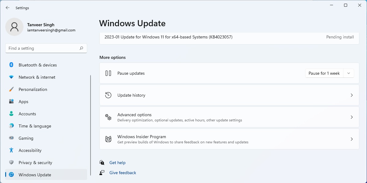 "Windows Update" option in Settings.