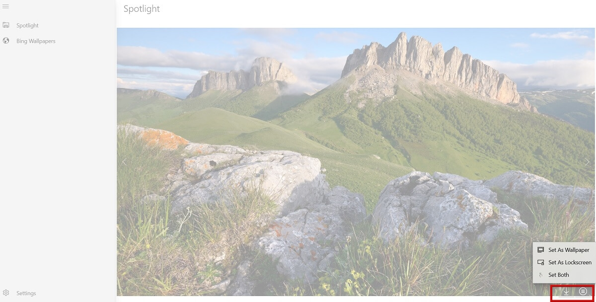 Options to download image and more in Spotlight Wallpaper app.