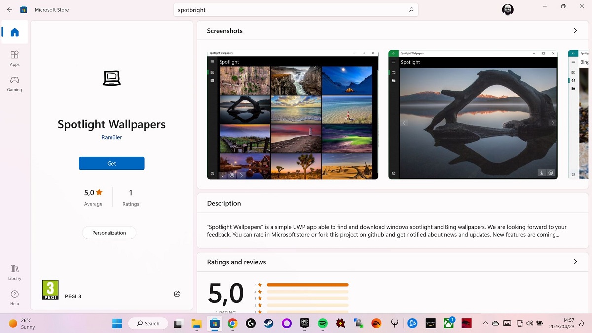 Spotlight Wallpapers app view in Microsoft Store.