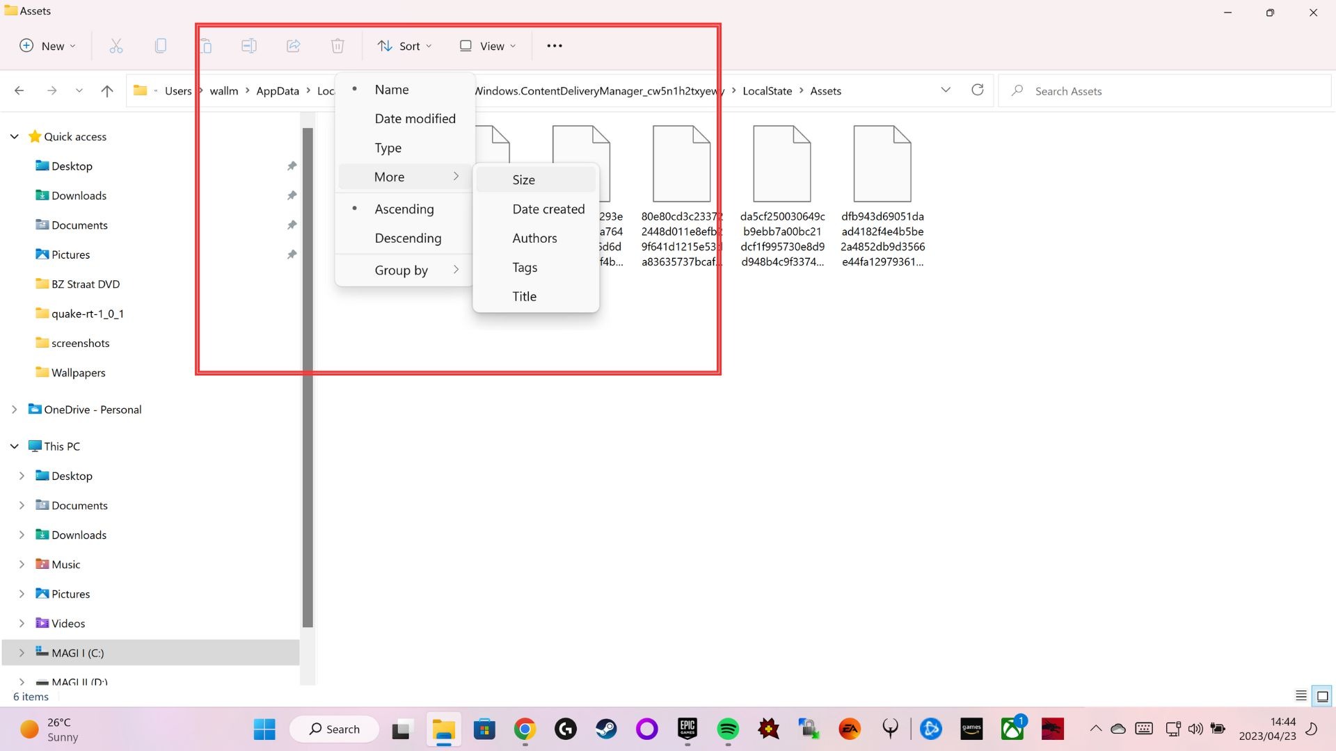 Clicking on "More" and then "Size" in File Explorer from "Sort" menu.