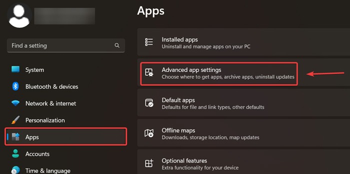 Opening up the "Advanced app settings" section in Windows.