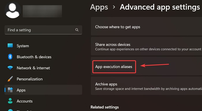 "App exclusion aliases" option under "Advanced app settings."