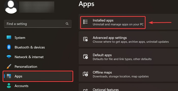 Opening up the list of "Installed apps" from Settings.