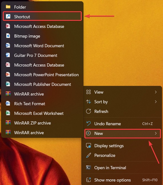 Clicking on new shortcut option from Windows context menu.
