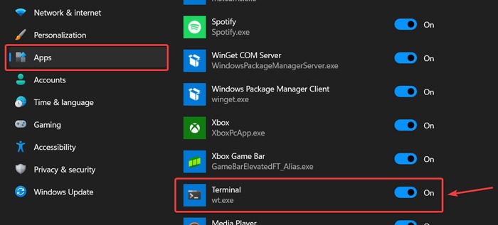 Windows Terminal app view in Apps list.