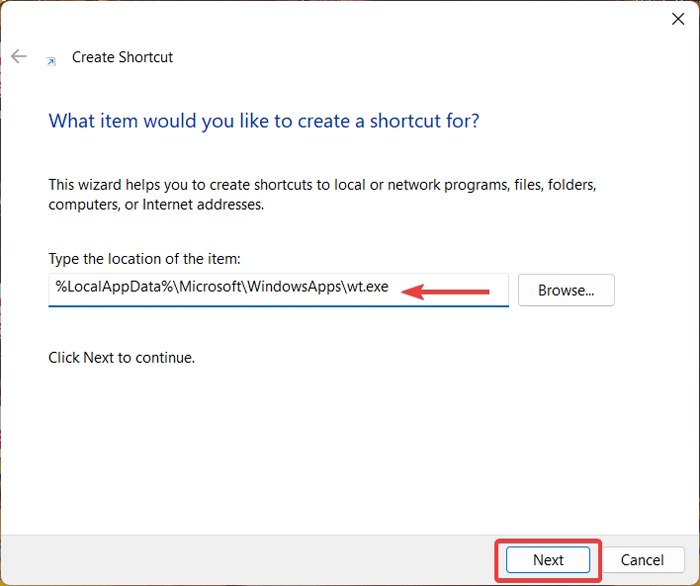 Adding shortcut link in "Create Shortcut" window.