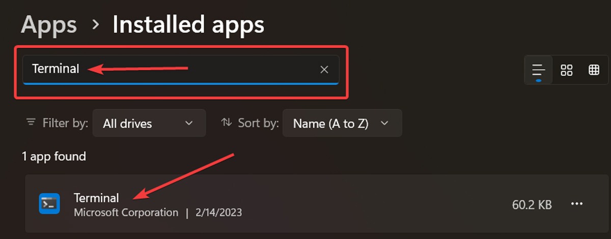 Finding the Terminal app in the list of installed apps.
