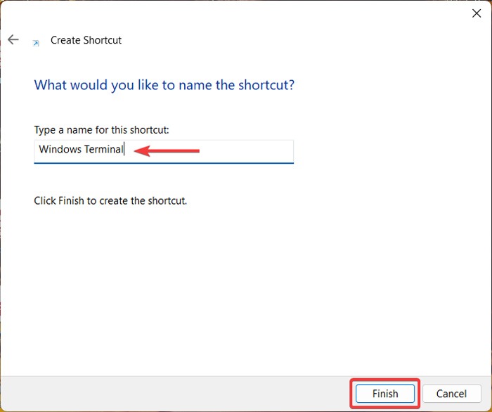 Naming shortcut in "Create Shortcut" window.