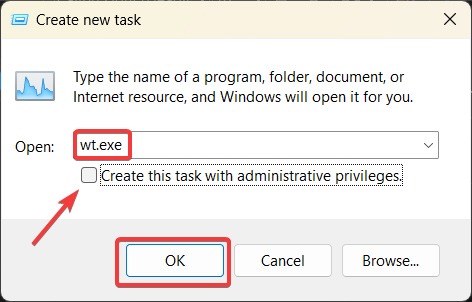 Typing "wt.exe" in Run window.
