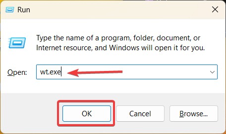 Typing "wt.exe" in Run window.