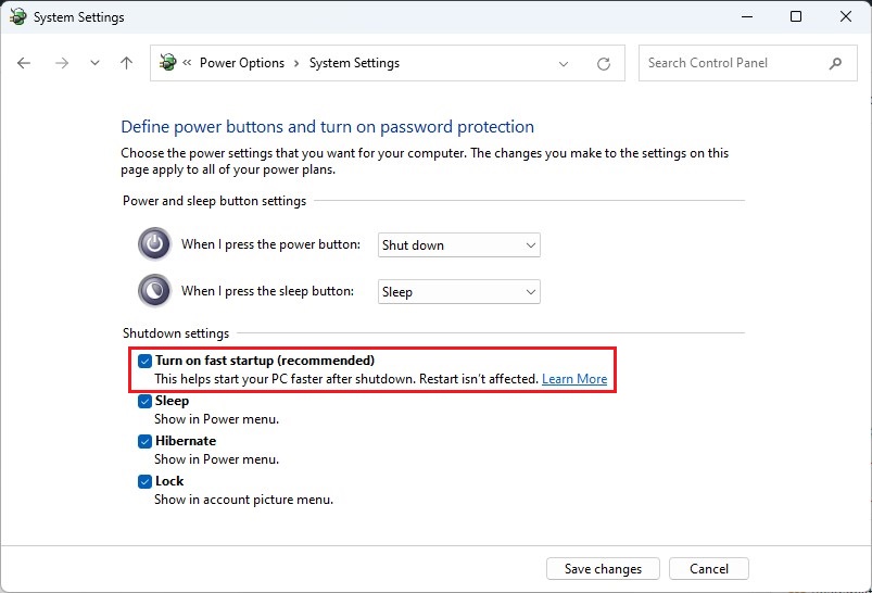 Enabling the "Turn on fast startup" option in System Settings. 