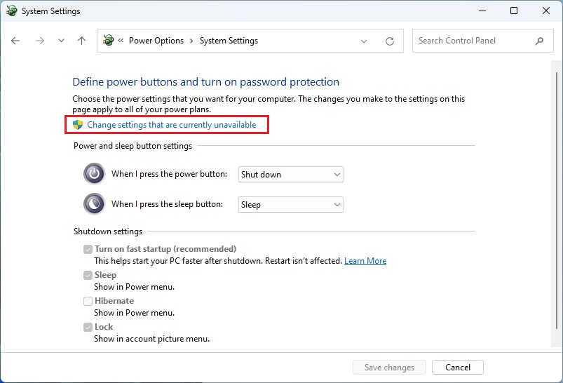 Selecting "Change settings that are currently unavailable" in System Settings via Control Panel. 