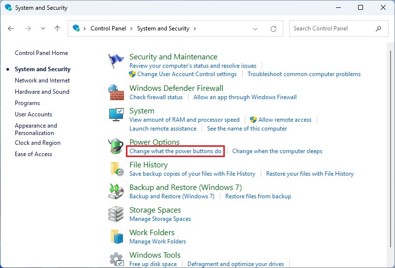 Clicking on "Change what the power buttons do" option under Power Options. 