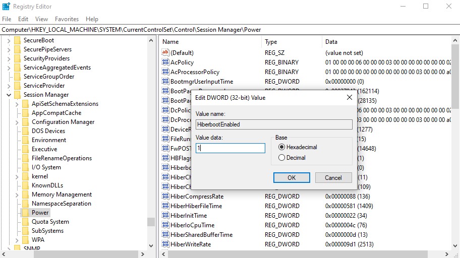 Modifying value data for key in Registry editor. 