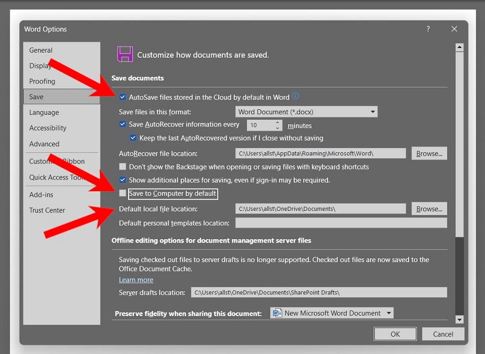 Ticking the box "Save to computer by default" in Word.
