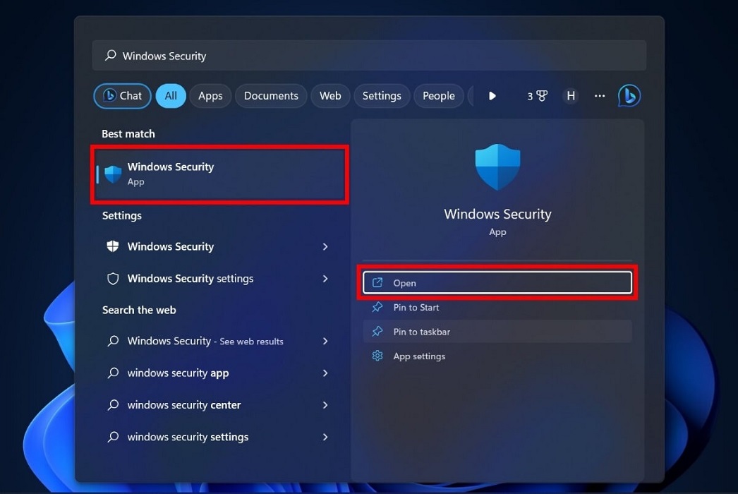Typing "Windows Security" in Windows Search.