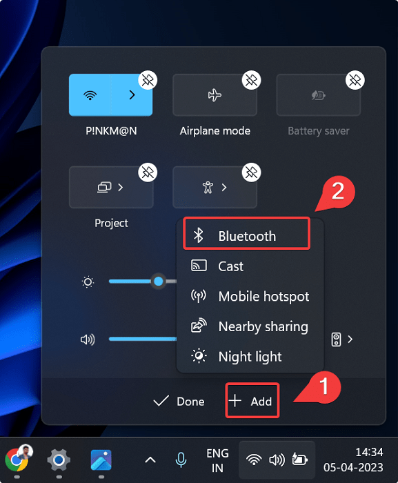 Clicking on "Add" button to add "Bluetooth" tile to Action Center. 