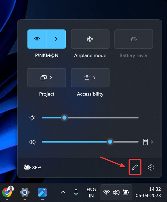 Clicking on pencil icon in Action Center.
