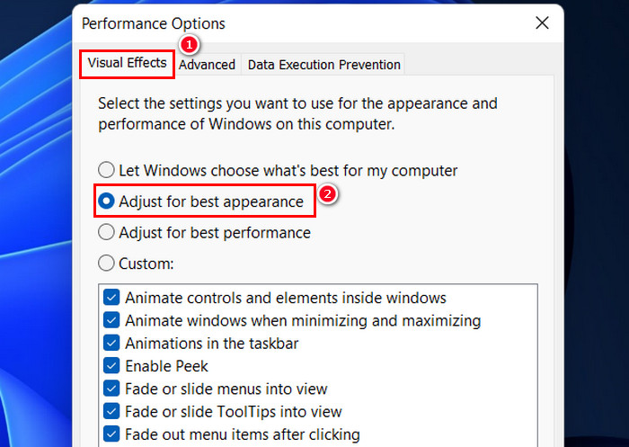 Clicking on "Visual Effects" and selecting "Adjust for best appearance." 