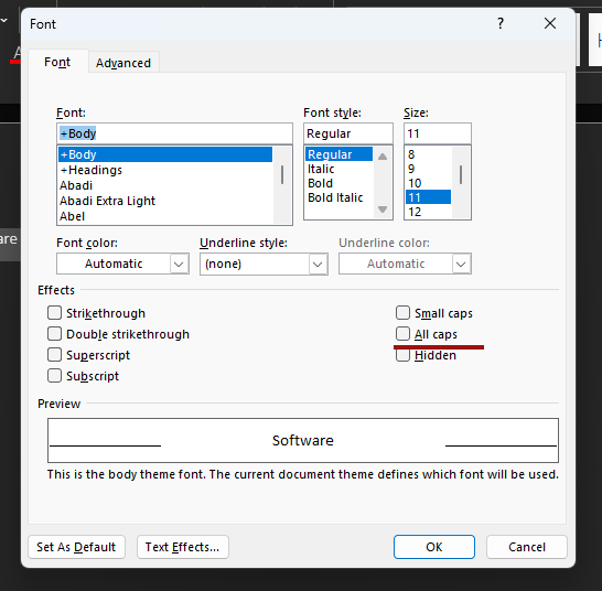 Unticking "All caps" option in Font properties.