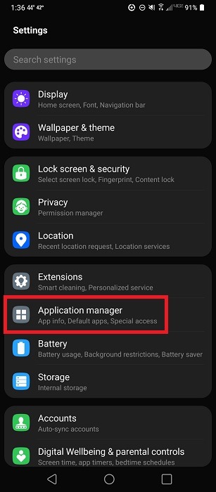 "Application manager" section in Settings on Android. 