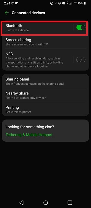 Bluetooth toggle and option on Android. 