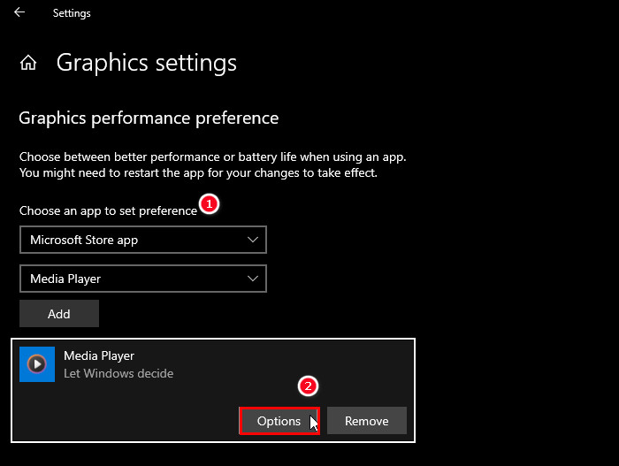 Clicking on the "Add" button then on "Options" in Windows 10.