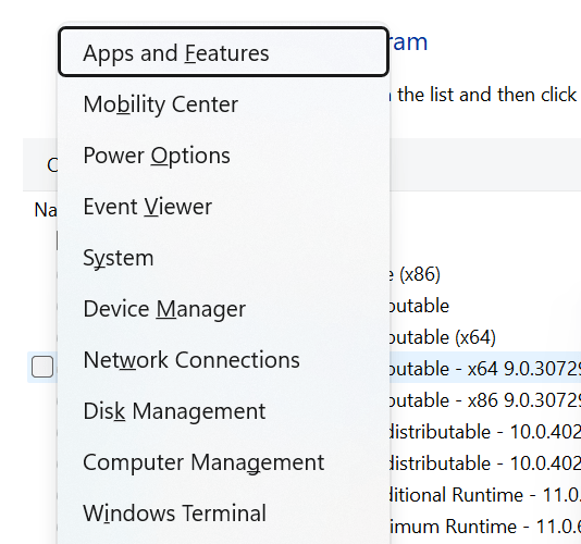 Clicking on "Apps and Features" option from the Start menu.