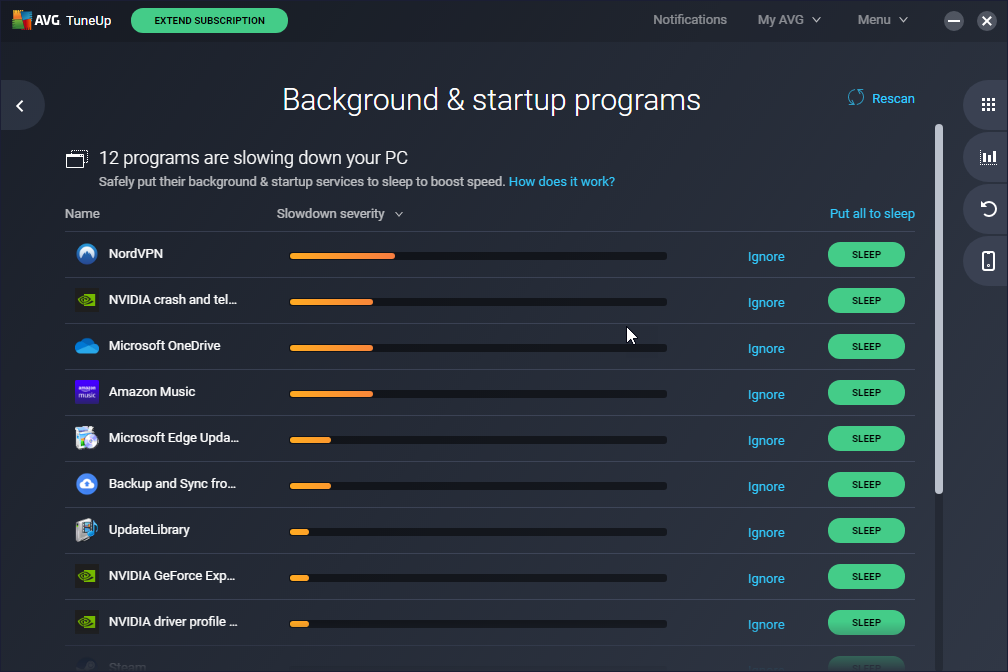 AVG TuneUp program interface overview. 