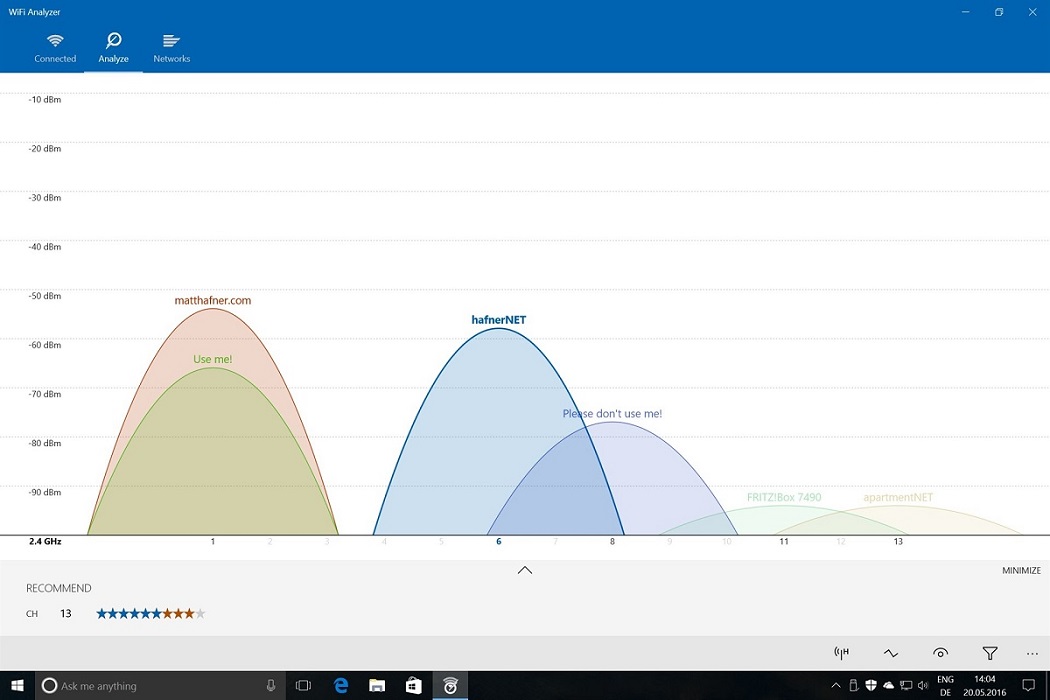 Wi-Fi Analyzer program interface overview.