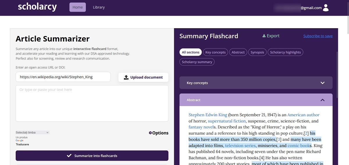 Scholarcy website overview in browser.
