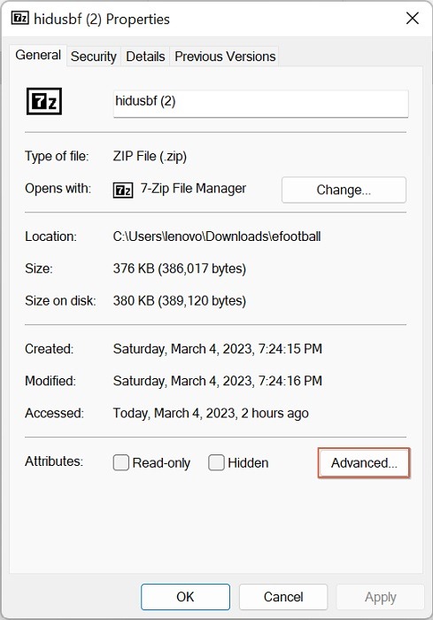 Properties window for compressed file with "Advanced" button visible.