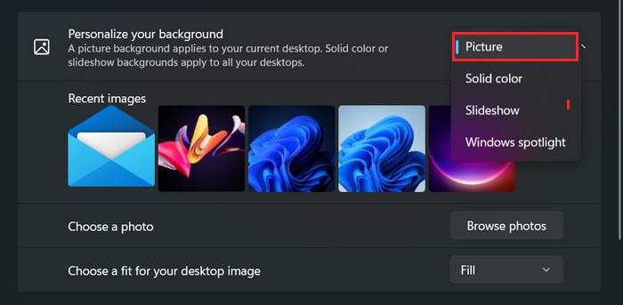 Option selection from "Personalize your background" menu. 