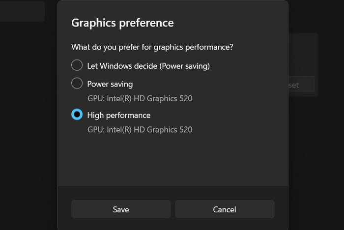 "High performance" option in "Graphics preference" window in Windows 11.