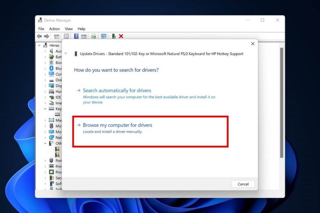 Select "Browse my computer for drivers" option in Device Manager. 